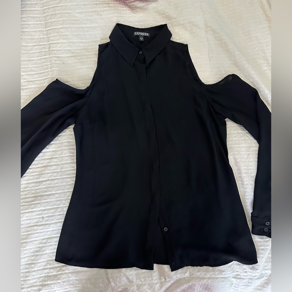 Vintage express cut out shoulder black button front blouse